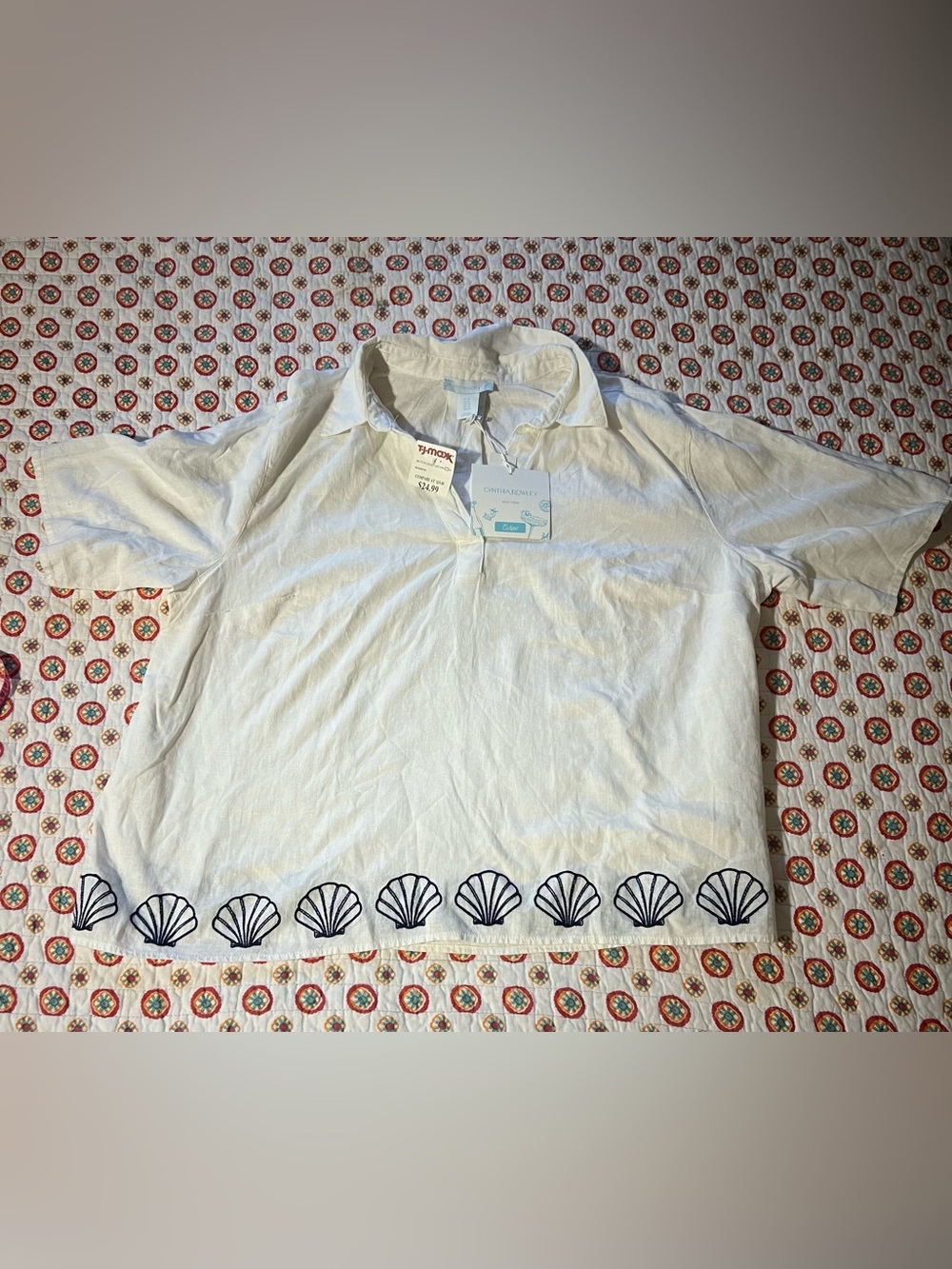 NWT Cynthia Rowley Seashell Embroidered Linen Top size 1X
